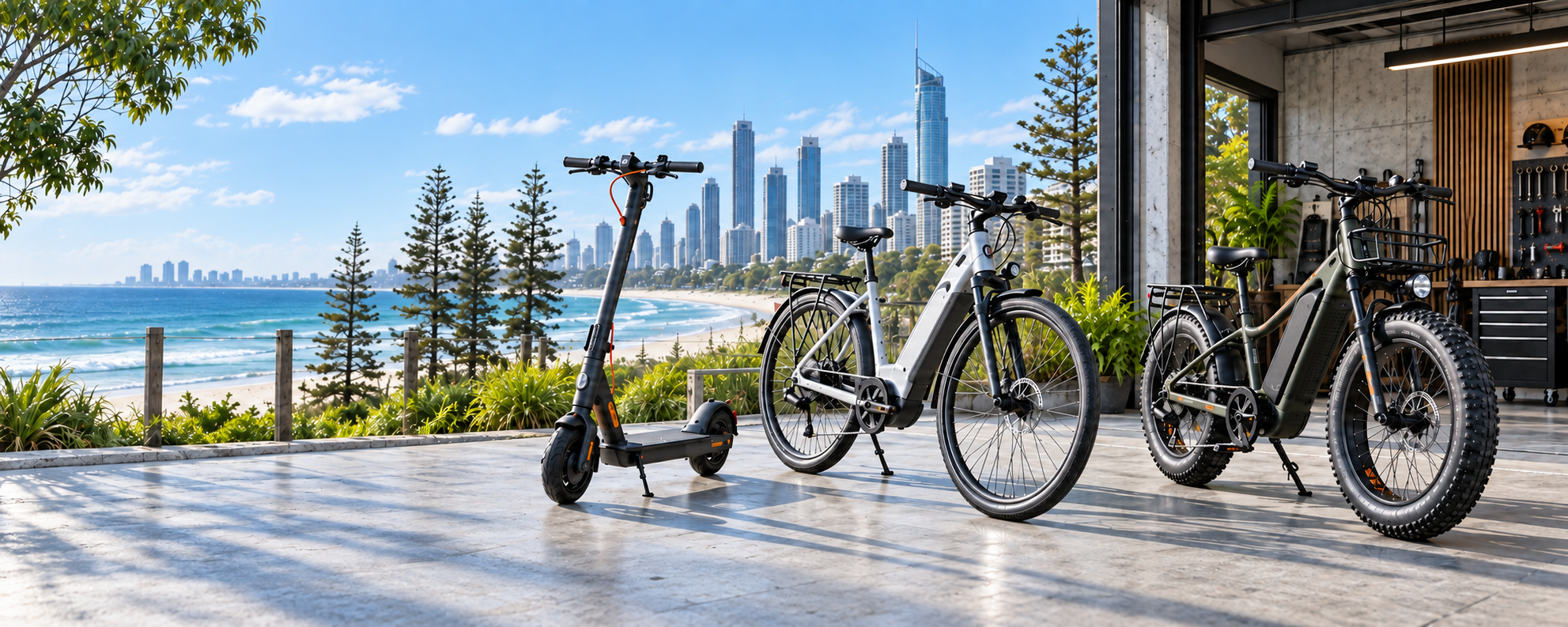 Electric scooter and e-bikes beside a workshop overlooking the Gold Coast beachfront and Surfers Paradise skyline in clear daylight
